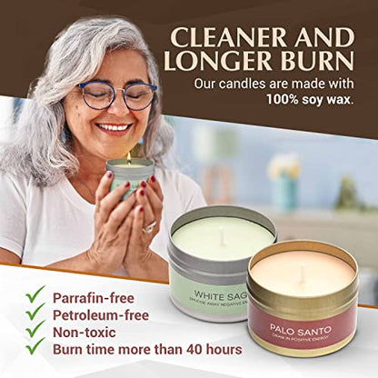 Almeara 2 in 1 Candle Combo - Sage and Palo Santo Set - 2x 3.7oz - Long Lasting |+40hr burn time |100% Soy Wax -Paraffin Free Candle For Cleansing House-Gift Box Ready-Relax and Restore The Body&Mind