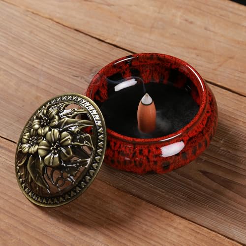 Incense Burner with Calabash Incense Stick Holder - Porcelain Charcoal Censer for Use with Resin Granular Powder Cone or Coil Incense (Fambe Red) - color: Fambe Red