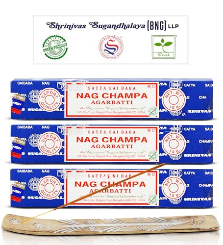 Satya Nagchampa Incense Sticks, Satya Bng (Bangalore) Insenses 15gmx3 Pack (45 GMS) with Raajsee Incence Holder Bundle, Satya Nagchampa Natural Incense - color: Nagchampa