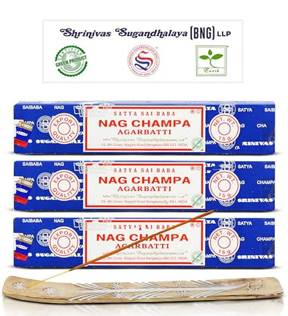 Satya Nagchampa Incense Sticks, Satya Bng (Bangalore) Insenses 15gmx3 Pack (45 GMS) with Raajsee Incence Holder Bundle, Satya Nagchampa Natural Incense - color: Nagchampa