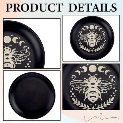 CREATCABIN Bees Phase Moon Ritual Plate Altar Flat Bowl Round Tray Prayer Offering Bowl Dish Candle Holder with Divination Card Jewelry Dish for Smudging Incense Burner Meditation Tarot 5.55Inch - style: Bees