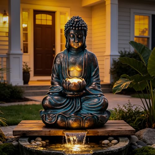 Bshine Buddha Statue Outdoor Solar Light with Lotus Lamp, Zen Garden Decor