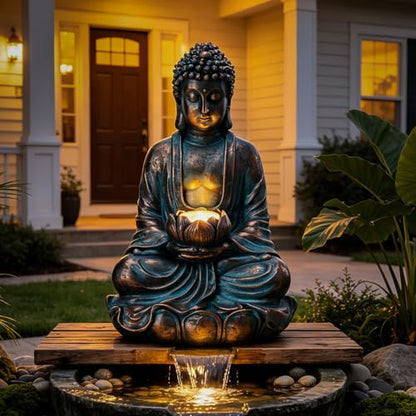 Bshine Buddha Statue Outdoor Solar Light with Lotus Lamp, Zen Garden Decor