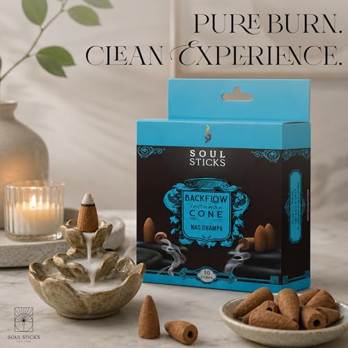 Soul Sticks Backflow Incense Cones – 40 Handmade Organic Cones for Waterfall Burner | 4 Pack Long Lasting Aromatic Scents | Thick White Smoke Incense for Meditation, Yoga & Gifts (Nag Champa) - color: Nag Champa