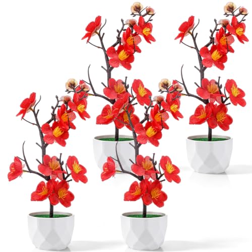 Suncalla 4 Pack Red Plum Blossom Silk Flowers with Pot, Bushy - style: Bushy