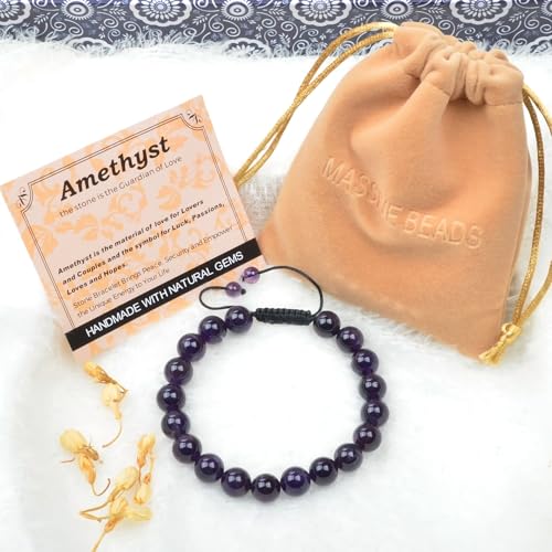 MASSIVE BEADS Handmade Yoga Natural Stone Crystal Healing Power Energy Gifts for Unisex Adult Bracelet Macrame Adjustable - color: Amethyst(Love Guardian), size: 10mm