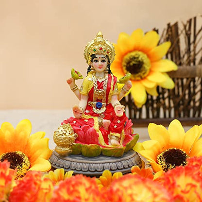 alikiki Small Hindu Goddess Lakshmi Statue - 3.9”H Indian Ido Laxmi Figurine for Car Dash Board Decor Home Office Mandir Temple Altar Shrine Pooja Item Murti for Diwali Puja Gifts