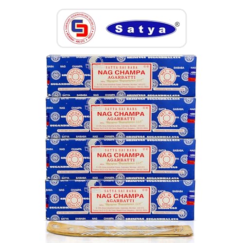 Satya Nag Champa Incense Sticks 100 gmx 4 Pack (400 GMS), Satya Insenses with Raajsee insence Holder Bundle, Nag Champa Natural Incence - style: NAGCHAMPA 400 GM