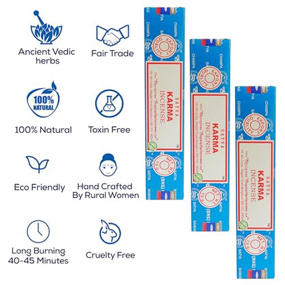 Satya Karma Incense Sticks, Satya Bng (Bangalore) Insenses 15gmx3 Pack with Raajsee Incense Holder Bundle, Satya Nagchampa Natural Incense - color: Karma