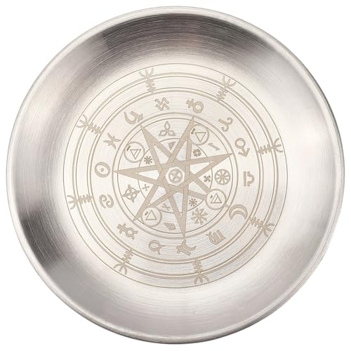 CREATCABIN Constellation Ritual Plate Altar Stainless Steel Flat Bowl Round Silvery Tray Offering Bowl Dish Holder Jewelry Dish for Smudging Incense Burner Meditation Tarot 5.55Inch - style: Constellation-01