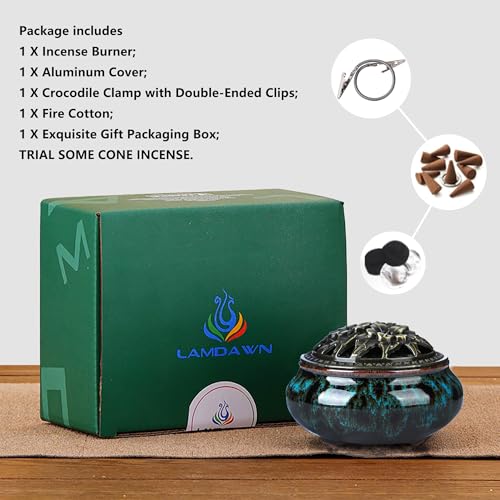 Censer Sky Blue Incense Burner with Calabash Incense Stick Holder - Porcelain Charcoal Censer for Use with Resin Granular Powder Cone or Coil Incense (Blue Fambe) - color: Blue Fambe