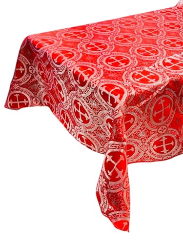 New Creations Fabric & Foam Inc, Rectangular Metallic Cross Brocade Jacquard Satin Tablecloth Overlay/Religious Brocade/Liturgical Fabric/Church. (Red-Silver, 60" Inches x 120" Inches) - color: Red-silver