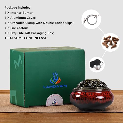 Incense Burner with Calabash Incense Stick Holder - Porcelain Charcoal Censer for Use with Resin Granular Powder Cone or Coil Incense (Fambe Red) - color: Fambe Red