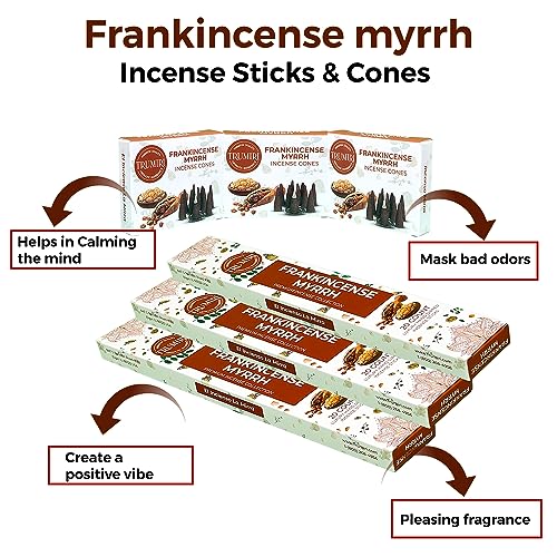 Frankincense Myrrh Scented Incense Sticks & Incense Cones Combo Pack - 60 Insence-Sticks + 30 Insence Cones - Inscense - Incense Cones Scented - Insents - color: Frankincense Myrrh