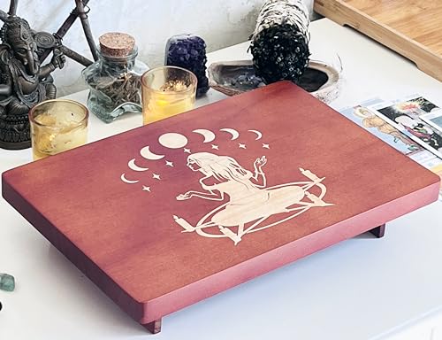Altar Table, Meditation Table, Small Altar Table, Wooden Witch Altar, Wiccan Alter Table, Buddhist Shrine, Engraved Witch Pentacle with Surrounding Candles on Table Top, 12 × 8 inches - color: Pentacle Witch