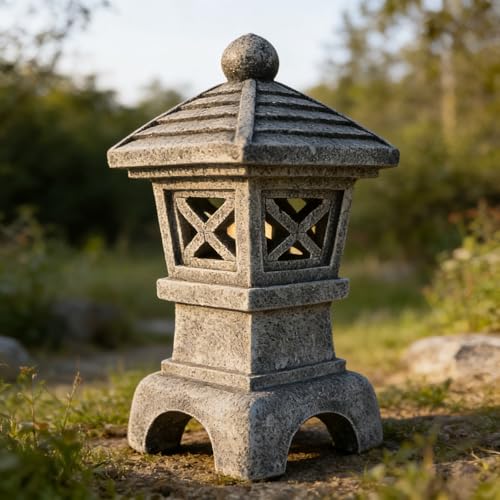 Solar Pagoda Garden Statue Outdoor Japanese Stone Lantern Asia Patio Decor - color: Stone Pagoda