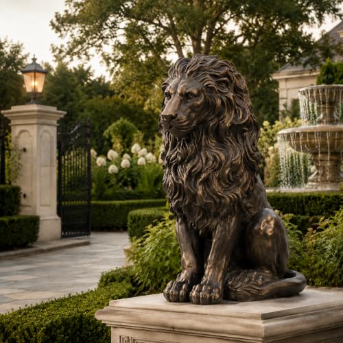 20.5" Resin Lion Statue Outdoor Sculpture, Majestic Sitting Lion Garden Decor, Weather-Resistant Animal Guardian Figurine for Patio, Porch, Entryway, Lawn, Villa & Indoor Home Decoration - color: Brown Lion