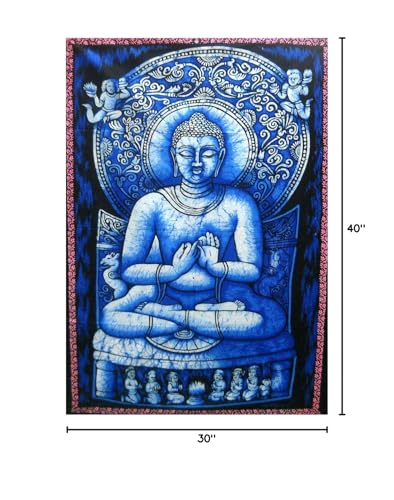 Craftsofindia® Preaching Buddha Batik Cotton Wall Painting - Large 40" X 30" Tapestry, Blue Buddha Art Décor for Spiritual Home, Meditation Room, and Yoga Spaces