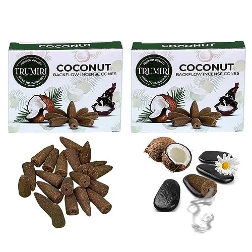 TRUMIRI Coconut Backflow Incense Cones - Total 20 Incense Cones Waterfall - Dual Pack of 10 Incense Backflow Cones - Waterfall Incense Cones - Incense Waterfall Cones - color: Coconut, size: Pack of 2 (20 Cones)
