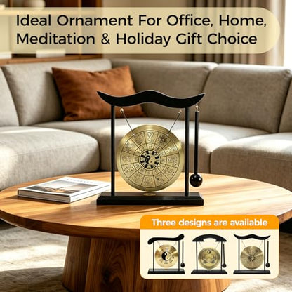 Chinese Gong Desktop,Twelve Chinese Zodiac Signs Zen Art Decor,Copper Gong with Wood Stand for Asian Decor,Meditation Sound Tool,Desk Display Office Home Blessing Gift (Chinese Zodiac)
