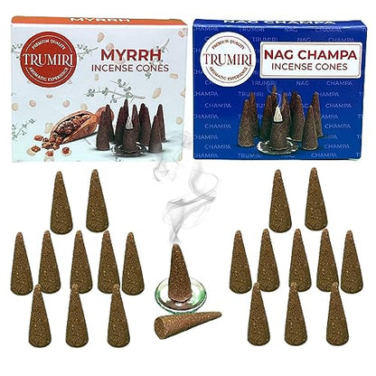 TRUMIRI Incense Cones - Combo Pack of 20 Cone Incense - 10 Myrrh + 10 Nag Champa - Insence Cones - Incense Cones Scented - Cone Incense Scents - Insense Cones - Incent Cone - color: Nag Champa Myrrh