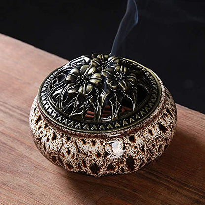 Incense Burner with Calabash Incense Stick Holder - Porcelain Charcoal Censer for Use with Resin Granular Powder Cone or Coil Incense (Fambe Gray) - color: Fambe Gray