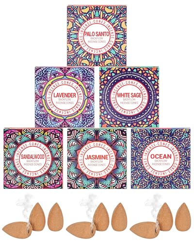 Backflow Incense Cones - 6 Mixed Natural Scents - Sandalwood, Lavender, Jasmine, Ocean, White Sage, Palo Santo, for Purification, Relaxation, Yoga, Meditation