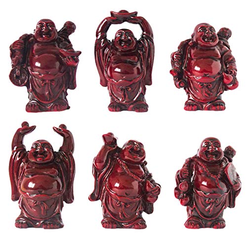 Set of 6 Laughing Happy Buddha Statue Resin Figurines Feng Shui for Luck Wealth Good Gift and Collection (2.5'', Dark red) - color: Dark Red, style: 2.5''
