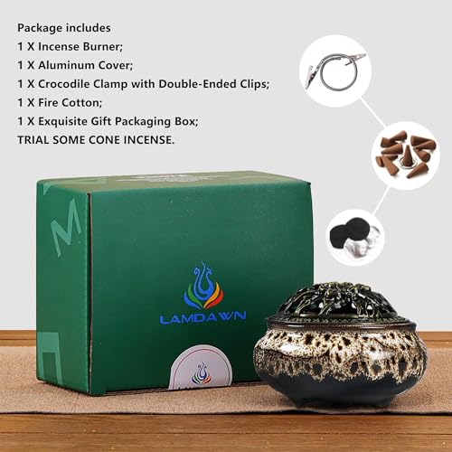 Incense Burner with Calabash Incense Stick Holder - Porcelain Charcoal Censer for Use with Resin Granular Powder Cone or Coil Incense (Fambe Gray) - color: Fambe Gray