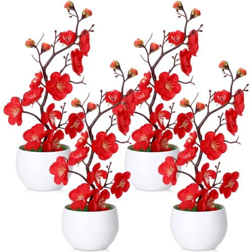 Suncalla 4 Pack Red Plum Blossom Silk Flowers with Pot, Upright - style: Upright