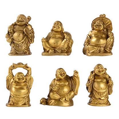 6Pcs 2'' Gold Brass Laughing Buddha Figurines, Tabletop Lucky Decor - color: 2''brass Set