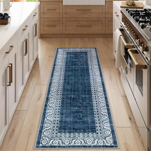 Lahome 2x6 Blue Kitchen Rugs Non Slip Washable,Soft Carpet Runners for Hallway 6ft Bathroom Runner Rug,Vintage Bordered Indoor Rug Runner for Laundry Room Bedroom Entry(2'x6',Blue) - color: Blue, size: 2' x 6' (Runner)