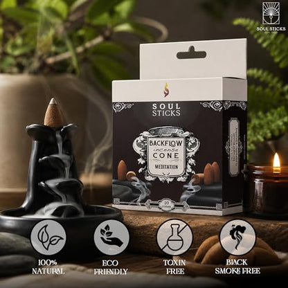 Soul Sticks Backflow Incense Cones – 40 Handmade Organic Cones for Waterfall Burner | 4 Pack Long Lasting Aromatic Scents | Thick White Smoke Incense for Meditation, Yoga & Gifts (Meditation) - color: Meditation