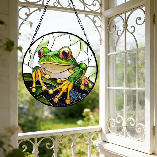 Green Frog White Petals Stained Glass Window Hanging Suncatcher Gifts 7.8" - color: White Green, size: 7.8x7.8 IN