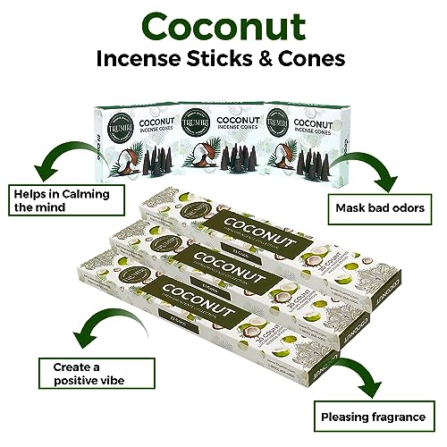 Coconut Incense Sticks & Incense Cones Combo Pack - 60 Insence-Sticks + 30 Insence Cones - Inscense - Incense Cones Scented - Insents - color: Coconut