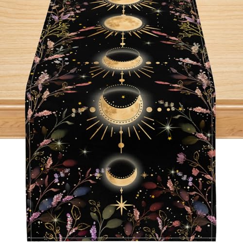 Moon Phase Floral Table Runner Black Gold Celestial Decor for Dining Table, Waterproof Linen Table Runner with Floral Stars Design, Boho Mystic Moon Kitchen Decor,13x36 Inch - color: Black Gold Moon Phase, size: 13x36inch