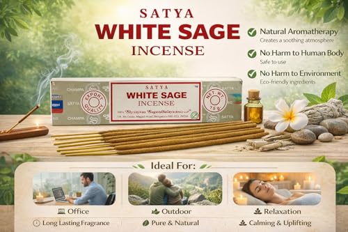 Satya White Sage Incense Sticks with Holder – 3 x 15g Natural Masala Agarbatti for Spiritual Cleansing, Relaxation & Positive Energy
