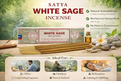 Satya White Sage Incense Sticks with Holder – 3 x 15g Natural Masala Agarbatti for Spiritual Cleansing, Relaxation & Positive Energy
