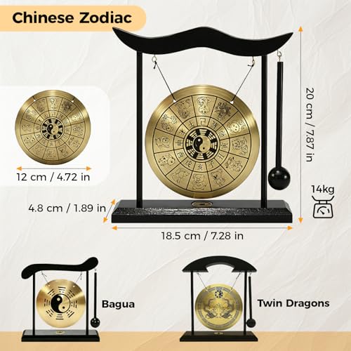 Chinese Gong Desktop,Twelve Chinese Zodiac Signs Zen Art Decor,Copper Gong with Wood Stand for Asian Decor,Meditation Sound Tool,Desk Display Office Home Blessing Gift (Chinese Zodiac)