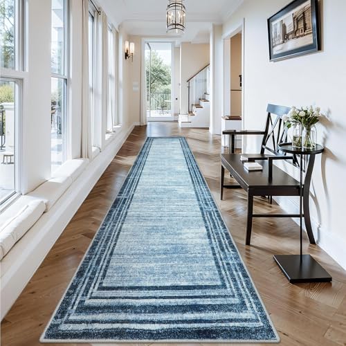 Lahome Amabel Abstract Runner Rug,2.5x12 Hallway Runner Non Slip Kitchen Runner Rug Non Skid Washable,Low-Pile Soft Blue Runners for Hallways 12 ft Minimalist Solid Indoor Carpet Runner for Entryway - color: Dark Blue Border/White, size: 2.5' x 12' (Runne