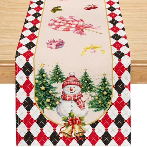 Christmas Linen Table Runner, Snowman and Christmas Tree Holiday Table Decor with Candy Cane Gift Print, Red Green Plaid Farmhouse Dining Table Decoration for Kitchen or Party, 13x36 Inch - color: Red Green Christmas, size: 13x36inch