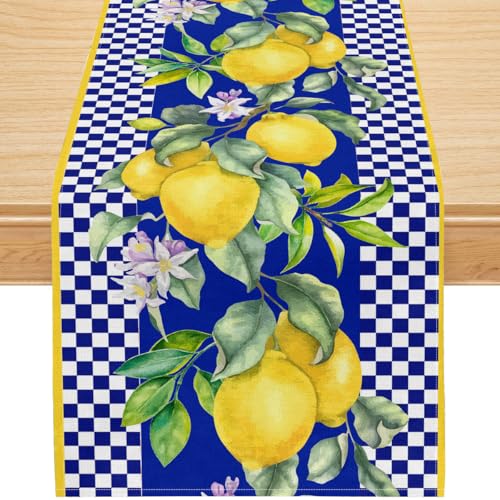 Lemon Table Runner,Vintage Blue Checkered Border Fruit Floral Print, Retro Kitchen Dining Table Decor for Summer Picnic Party, Polyester Linen, 13x36 Inch - color: Yellow Lemon Blue Check, size: 13x36inch