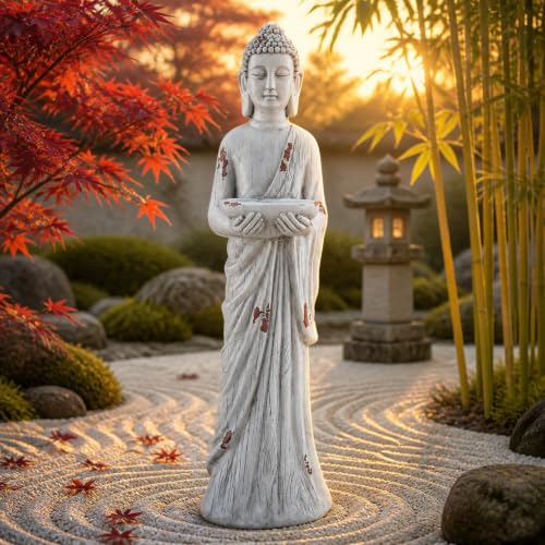 Extra-Large Buddha Statue Outdoor, 42 in Asian Decor with Birdfeeder - color: Asian Buddh-42.1"