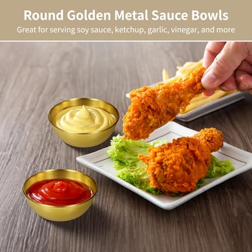 12 PCS Round Golden Sauce Bowls, 3.2 x 1.2 Inches Stainless Steel Dipping Sauce Cup,Small Seasoning Dish Sauces Containe, Prep Appetizer Plate