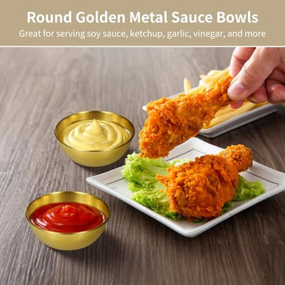 12 PCS Round Golden Sauce Bowls, 3.2 x 1.2 Inches Stainless Steel Dipping Sauce Cup,Small Seasoning Dish Sauces Containe, Prep Appetizer Plate