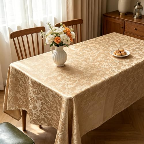 Jacquard Woven Floral Tablecloth, Heavyweight 260 GSM Polyester - color: Golden Beige, size: 60" x 84" (Rectangular)