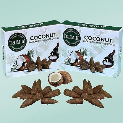 TRUMIRI Coconut Backflow Incense Cones - Total 20 Incense Cones Waterfall - Dual Pack of 10 Incense Backflow Cones - Waterfall Incense Cones - Incense Waterfall Cones - color: Coconut, size: Pack of 2 (20 Cones)
