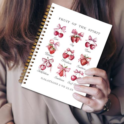 JINYO Coquette Pink Bow Cherry Strawberry Christian Notebook, Fruit of the Spirit Bible Notebook, Prayer Journal for Woman, Church Notes Journal, Scripture Spiral Notebooks 5.5x8.3 Inch - color: white Cherry Strawberry Christian Notebook