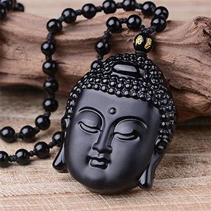 ASGIFT Black Obsidian Necklace Lucky Amulet Protection Pendant with Extended Bead Chain Healing Crystal Stone Talisman Necklaces Jewelry - color: Buddha Head