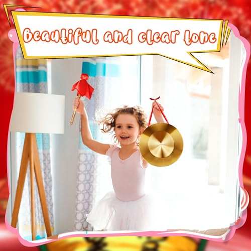 12.6 Inch Gong Percussion Instrument with Wooden Mallet and Red Hanging Ribbon Chinese Brass Gong for Home Office Celebration
